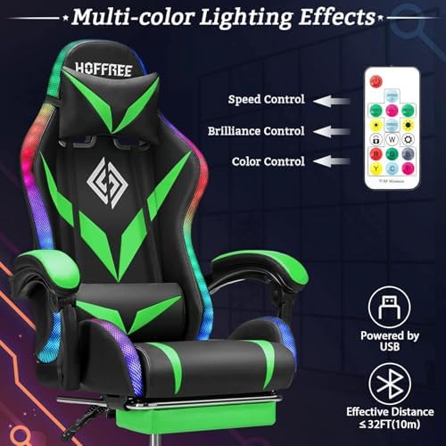 RGB Gaming Chair with Massage & Footrest Racing Style Computer Chair-Green