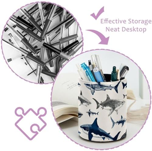 Leather Pen Holder for Desk, Sharks Pencil Cup Pen Organizer Makeup Brush Holder for Office Home Kids Countertop Desk Accessory Storage