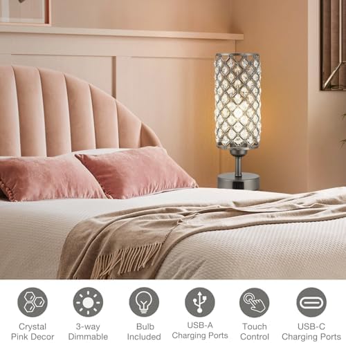Gray Crystal Bedside Lamp, Nightstand Lamp for Bedroom (Bulb included)