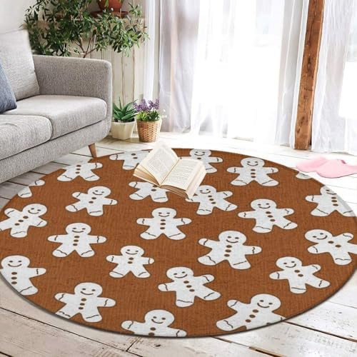 Large Home Decor Mat, Soft Round Yoga Carpet, Non Slip Machine Washable Home Office Circle Rug Christmas Gingerbread