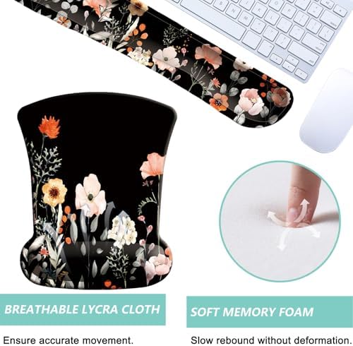 Keyboard Wrist Rest Pad Mouse Pad with Wrist Support Set of 3, Gaming Mousepad with Non-Slip Rubber Base, Ergonomic Memory Foam Mouse Cushion Support for Home Office Laptop Computer, Flower Black