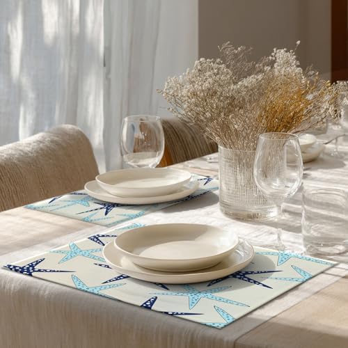 Shrahala Coastal Nautical Set of 8 12 X 18 Inch Linen Placemats, Blue Navy Sea Star Seamless Beach Turquoise Starfish Burlap Table Mat Washable Double Layered Heat Insulation for Indoor/Outdoor