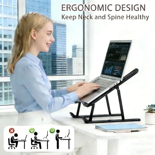 Ergonomic Foldable Computer Stand, 10-Level Height Adjustable Aluminum Laptop Stand, Compatible with 17.3 Inch Laptops, Tablets & Drawing Tablets, for MacBook, HP, Lenovo, Dell (Black)