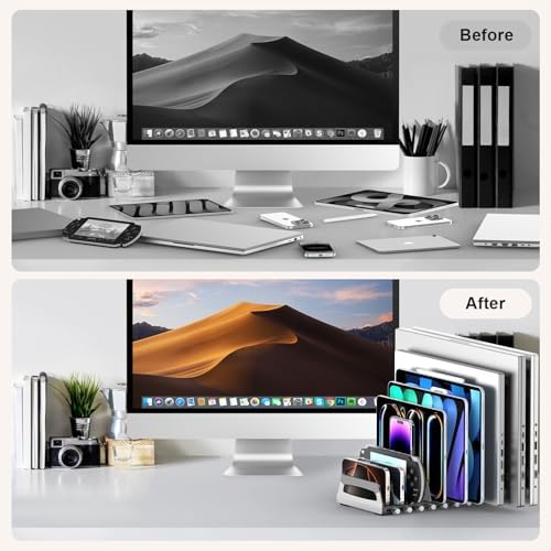 Elestoria 10-Slot Vertical Laptop Stand & Holder – Adjustable Aluminum Laptop Stand Vertical for Desk Fits 10 Devices, MacBook & Gaming Laptops (Up to 17.3”) – Space Saving Laptop Storage Rack - Grey