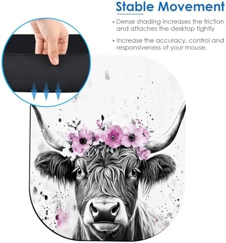 Small Mouse Pad，Mini Mouse Pad 6 x 7 Inch，for Laptop Keyboard Tray Wireless Mouse Home Office Travel，with Non-Slip Rubber Base, Waterproof Mouse Mat，Highland Cow Flower Crown
