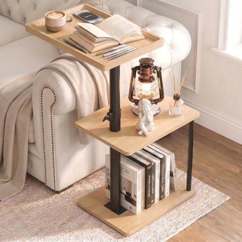 Faesun C Table End Table Adjustable Height, 360°Swivel TV Tray Table for Small Spaces, Small Nightstand for Living Room, Bedroom, Oak