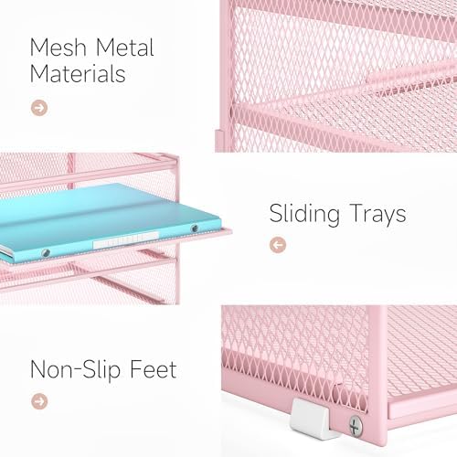 Lavatino 3-Tier Letter Tray Desk Paper Organizer – Pink Mesh Metal File Tray Organizer for Desk, Office Supplies & Home Organization | Fits A4/Letter Paper, Mail, Magazines and Office Accessories