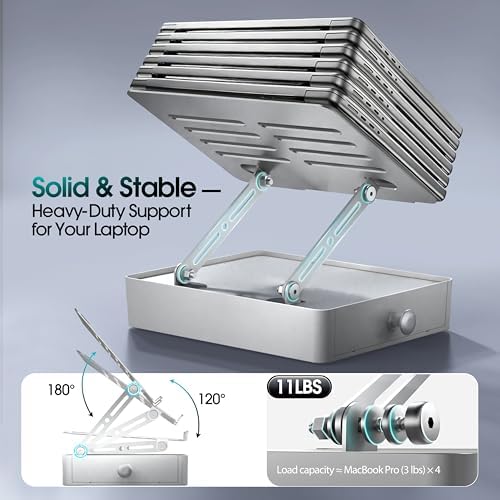 Laptop Stand with Storage Drawer, Adjustable Laptop Riser for Desk, Silver