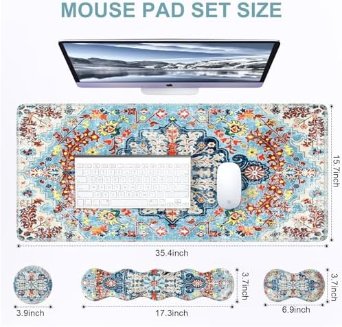 iLeadon Boho Desk Mat Set,Large Mouse Pad and Keyboard Wrist Rest,Blue
