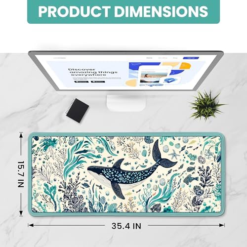 Aesthetic Desk Mat, Cute Drifting Whales Desk Pad Protector for Work & Decor, 35.4" x 15.7", Pretty Non-Slip Extended Mouse Pad for Office or Home