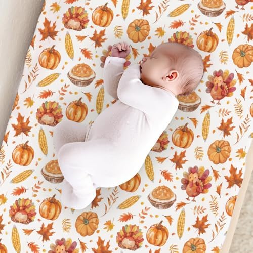 Watercolor Thanksgiving Turkey Pumpkin Corn Leaves Pattern Baby Changing Pad Cover, Unisex Fall Winter Holiday Nursery Diaper Changing Table Pad Mat Sheet for Boys Girls-16x32