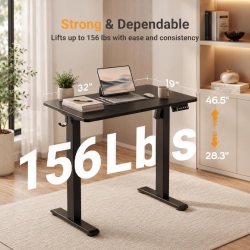 Claiks Electric Standing Desk, 32x19 Inch, Height Adjustable, Dark Black