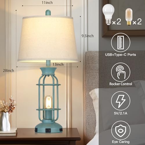 28" Tall Farmhouse Table lamps for Living Room, Vintage Industrial Table Lamp with USB C+A Ports & Outlet, Rustic Bedside Lamps with 2 Nightlight & Linen Fabric Shade for Nightstand Bedrooms Desk Blue