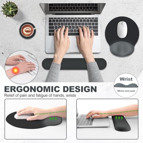 AIMSA Mouse Pad with Wrist Rest Support, Keyboard Wrist Rest Set, Ergonomic Memory Foam Mousepad for Computer Keyboard, Easy Typing and Pain Relief, Black Gray