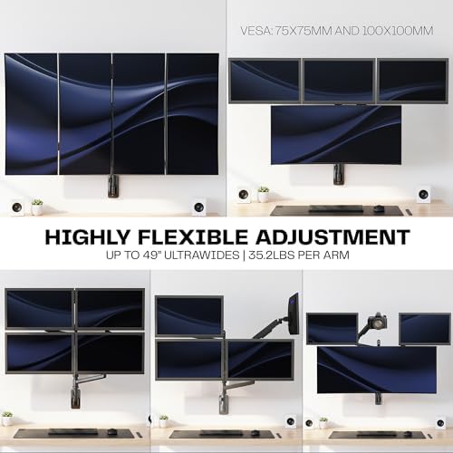VIVO Quad Ultrawide Wall Mount, Heavy Duty Pneumatic Arm Monitor Station, Fits Four 38 inch Screens, Pneumatic Height Adjustment and 140lb Weight Capacity, Black, MOUNT-V400D