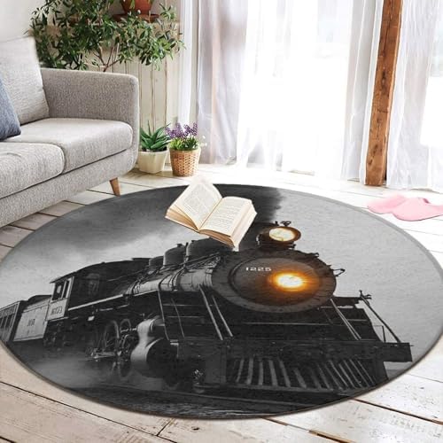 Fashion Round Area Rug Large Non Slip Carpet Unisex Home Decor Mat Black Steam Train