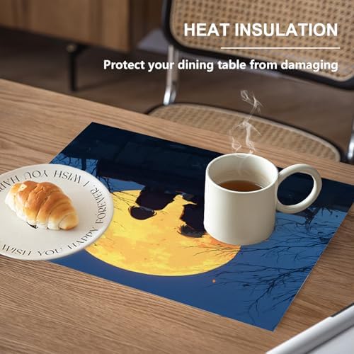 Romantic Evening Full Moon Linen Placemats, Moment Nighttime View Table Mats for Table Washable Heat Insulation Thick Dining Mat, Indoor/Outdoor 12X18 in 4 Pcs