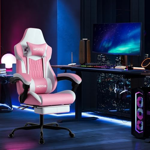 Gaming Chair with Footrest, High Back Gaming Chairs PVC Leather Ergonomic Gamer Chair with Adjustable Headrest Lumbar Support Racing Style Video Gaming Chair for Office/Home (Pink)