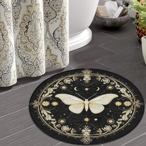 Soft Round Yoga Carpet, Office Chair Decor Round Mat for Carpet and Hardwood Floors Moth Gothic Witchy Sun Moon