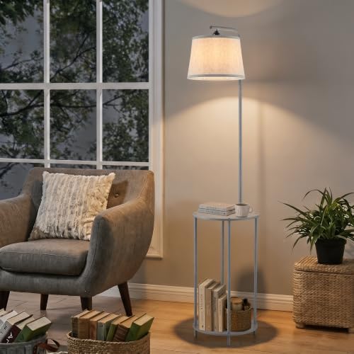 Floor Lamp with Table, 2-in-1 Side Table Floor Lamp with Linen Shade