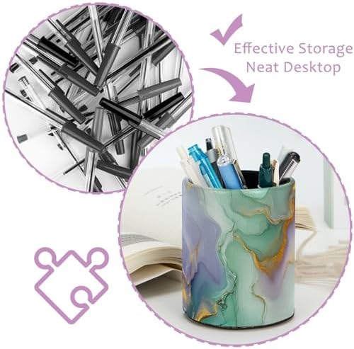 Teal Blue Marble Pen Holder Pencil Organizer Cute Pencil Cup Desk Decor Makeup Brush Holder PU Multifunctional Office Supplies for Home Classroom School