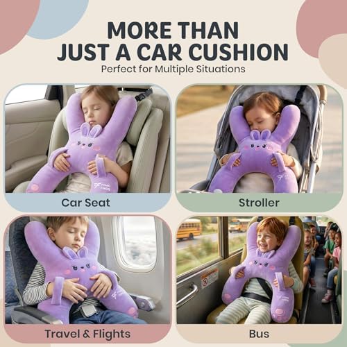 Kids Car Sleeping Pillow, H-Shaped for Neck & Back Support, Purple Rabbit