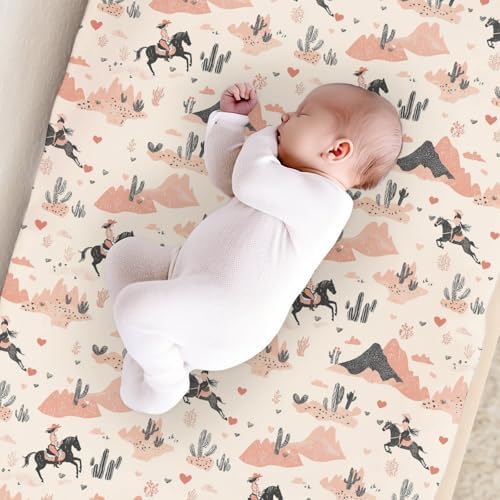 Cartoon Western Cactus Horse Mountains Hearts Baby Changing Pad Cover, Unisex Western Nursery Diaper Changing Table Pad Mat Sheet for Girls-16x32