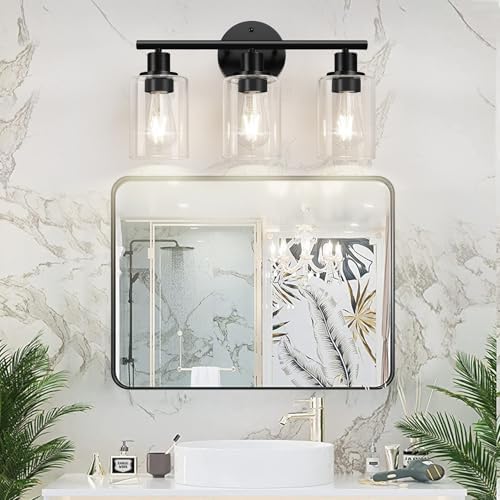 Zarbitta 3-Light Bathroom Light Fixtures, 17.23" Black Modern Vanity Lights with Clear Glass Shade, Bathroom Wall Lamp for Mirror Kitchen Living Room Hallway Cabinet Porch