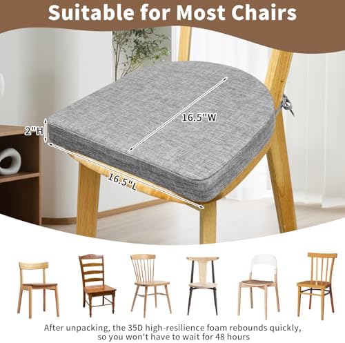 Chair Cushions for Dining Chairs 6 Pack 35D High-Density Foam Seat Cushions for Kitchen Chairs with Ties Non Slip and Removable Cover Chair Pads 16.5" x 16.5" x 2" (Grey)