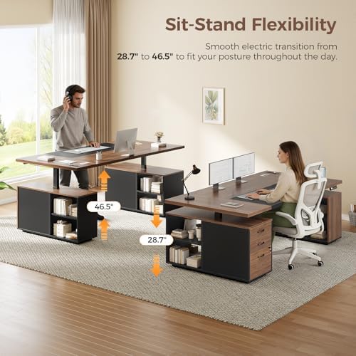 71" Electric Standing Desk with Drawers, Electric Height Adjustable Executive Desk with Lockable File Cabinet, Home Office Desk, Open Storage Compartments, Built-in Power Outlet, Black