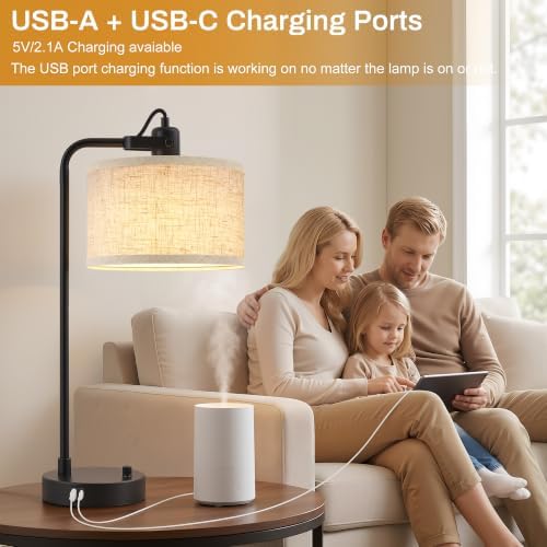 Black Table Lamp Set of 2, USB A+C, 180° Adjustable Bedside Lamps, Dimmable