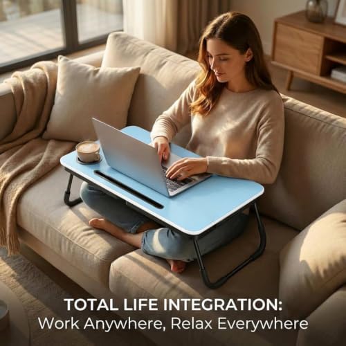 BUYIFY 23.4" Foldable Lap Desk Bed Table with Cup Holder Tray Blue