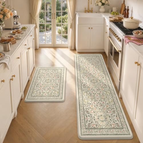 KIMODE Anti Fatigue Kitchen Mats for Floor, Farmhouse Kitchen Rugs Sets of 2, Cushioned Kitchen Floor Mats, Beige Bathroom Rugs Non Slip for Sink Home Decor Laundry Office Bedroom 20"x71"+20"x32"