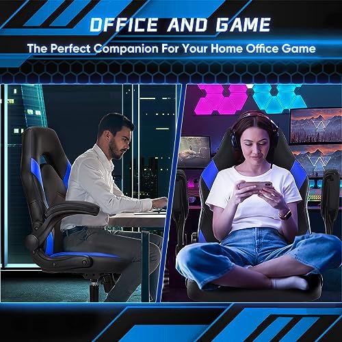 NEWBULIG Gaming Office Computer Chair – Ergonomic Mid-Back with Flip-Up Armrests, Adjustable Height, Lumbar Support & 360° Silent Swivel Wheels, PU Leather for Home/Office, Blue