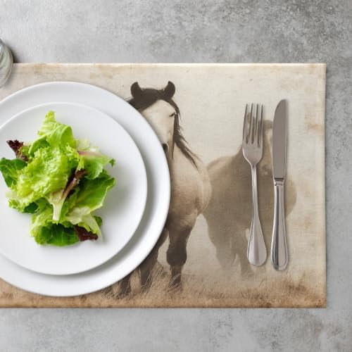 Faded Horses Placemats, in Sepia Field Place Mats for Dining/Kitchen Table Waterproof Washable Linen Heat Insulation Dinner Table Mats 12X18 in 8 Pcs