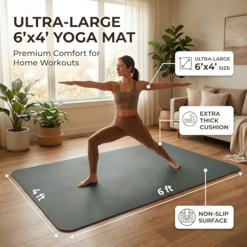 Large Yoga Mat 6'x 4'（72”x 48”）—1/4" &1/3" Extra Wide Exercise Mat 183cm x 122cm Large Exercise Mat Big Home Yoga Mat Pilates Mat,Non Slip,Thick,TPE Workout Mat,for Women & Men, Yoga, Pilates, Gym and Floor Workouts Pilates