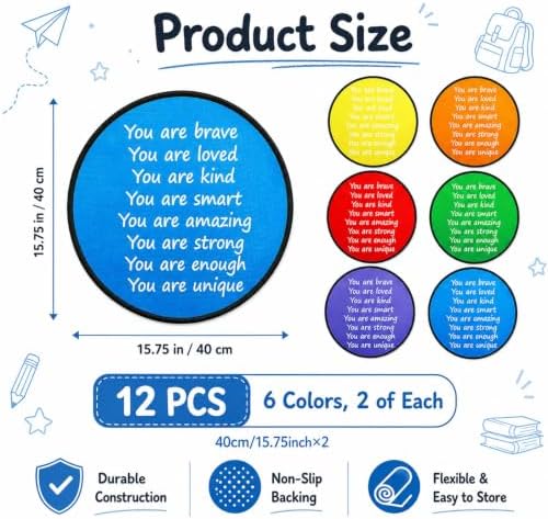 12Pcs Inspirational Quotes Carpet Circle Seats 16x16 Inch Round Classroom Rug Positive Affirmation Soft Non-Slip Washable Floor Cushions Motivational Fluffy Mat for Back to School Home Supplies