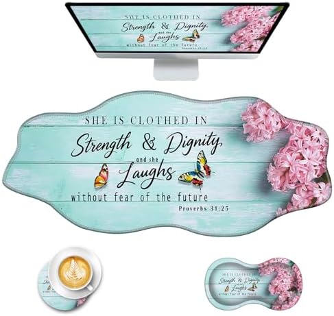 Mouse Pad with Wrist Support + Desk Mat + Coaster 3 in 1 Set, XXL Large Gaming Mousepad Ergonomic Mouse Pads for Desk Computer Laptop Office,Pink Hyacinth Bible Verse Proverbs 31-25