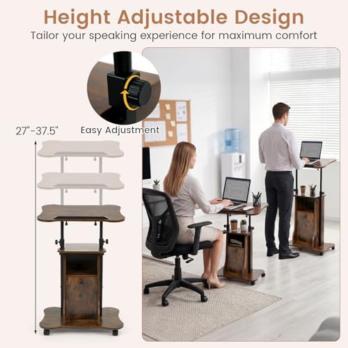 GIANTEX Mobile Podium Stand, Height Adjustable Laptop Computer Cart w/Tilting Top, Storage Cabinet & Lockable Wheels, Church Classroom Lecture, Sit-to-Stand Desk for Home Office (Rustic Brown,1)