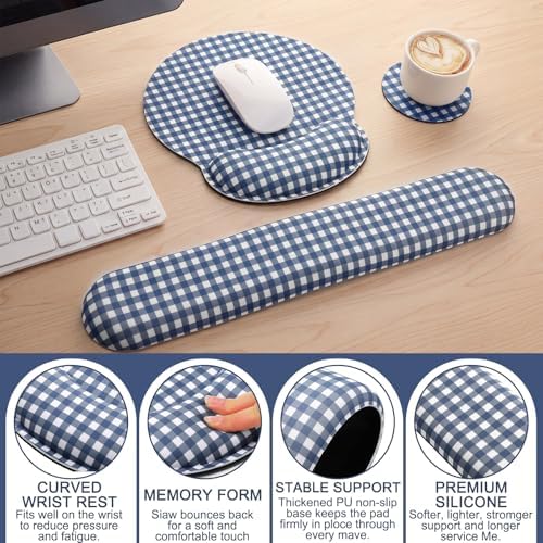 Tellegloww 3 Pcs Wrist Rest Set for Mouse Pad Keyboard, Navy Blue
