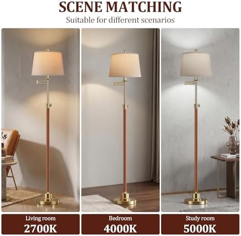 Vintage Floor Lamp for living room, Walnut Gold Farmhouse Standing Lamp with 350° Swivel Swing Arm, 56.6''-66'' Mid Century Modern Height Adjustable Tall Lamp for Bedroom Office(LED Bulb Included)