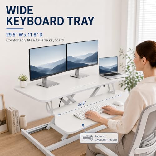 32 Inch Desk Converter, Height Adjustable Stand Up Dual Monitor and Laptop Workstation, Desk Riser for Standing with Wide Keyboard Tray, Standing Desk Topper with Spring Loaded Lift (White)