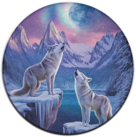 Room Sofa Yoga Soft Round Carpet, Home Decor Non Slip Kitchen Office Circle Rug, Machine Washable Modern Round Area Rug Snow Full Moon Wolves Pink Art, 24inch