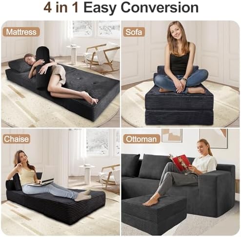 Nigoone Folding Sofa Bed Futon, Supportive Sleeper Chair with Pillow, Comfy Corduroy Floor Couch, Versatile Convertible Mattress for Bedroom/Living Room/Guest/Office, Dark Grey