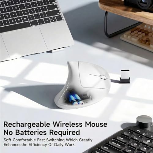 Ergonomic Vertical Wireless Mouse Stylish Rechargeable 2.4G Optical Mice Cordless Mouse with USB Receiver, 800/1200 /1600 DPI, 5 Buttons for Laptop,PC,Mac,Computer (White)