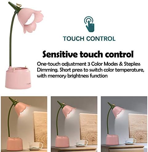 Pink Cute Desk Lamp for Kid, Rechargeable LED Lamp with USB Charging Port, Flexible Gooseneck, 3 Color Modes & Stepless Dimming, Table Lamp for College Dorm Bedroom Reading