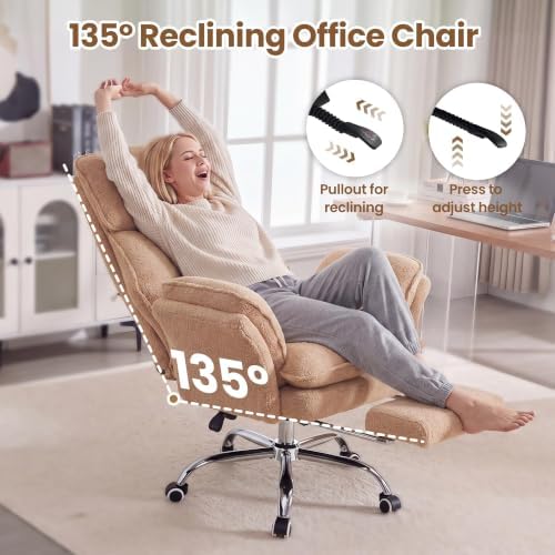 Big and Tall Office Chair with Flip Arms and Footrest, Teddy Criss Cross Legged Home Office Desk Chair with Pet Seat, Comfy Reclining Computer Gaming Chair, Khaki