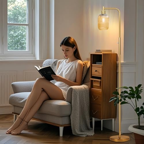 Ruiever Glass Floor Lamp for Living Room, Dimmer Standing Lamp with Green Ribbed Lampshade,66” Tall Lamp & Gold Floor Lamp for Bedroom Study Room,Brushed Gold (Amber)