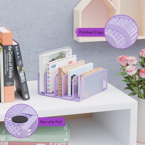 Mail Organizer Countertop, Metal File Holder with 5-Slot, Small Desk File Organizer for Letter, Bill, Mail Sorter, Desktop Letter Folder Holders for Office, Home, School (Purple)