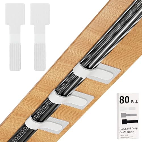 80PCS Hook and Loop Cable Straps, Cable Management Under Desk, Adhesive Cable Ties, Reusable Wire Organizers for Cords, Cords Management, Computer Accessories for Desk, Home Office Essentials, White